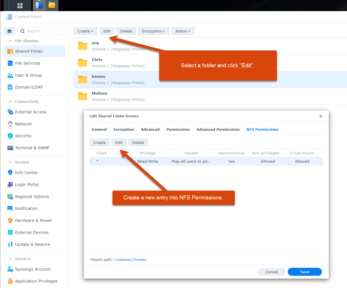 Synology NFS Permissions Entry